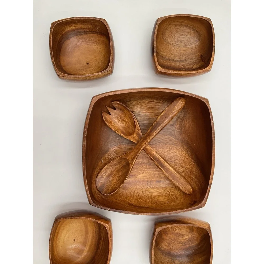 Vintage Set of 5 Square Salad Bowl Set With Utensils Teak Bowls